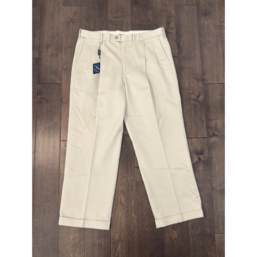 NWT Saddlebred Mens Beige Tan Pleated Chino Comfort Waist Dress Pants Size 38X29